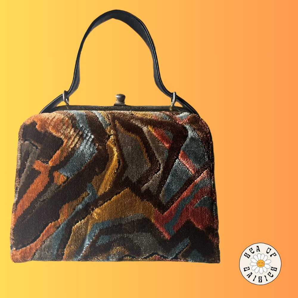 Vintage 1960’s carpet tapestry handbag with abstract pattern in turquoise, brown